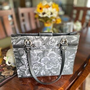 Wilson Leather Elegant Floral Tote Bag - Black Gray
